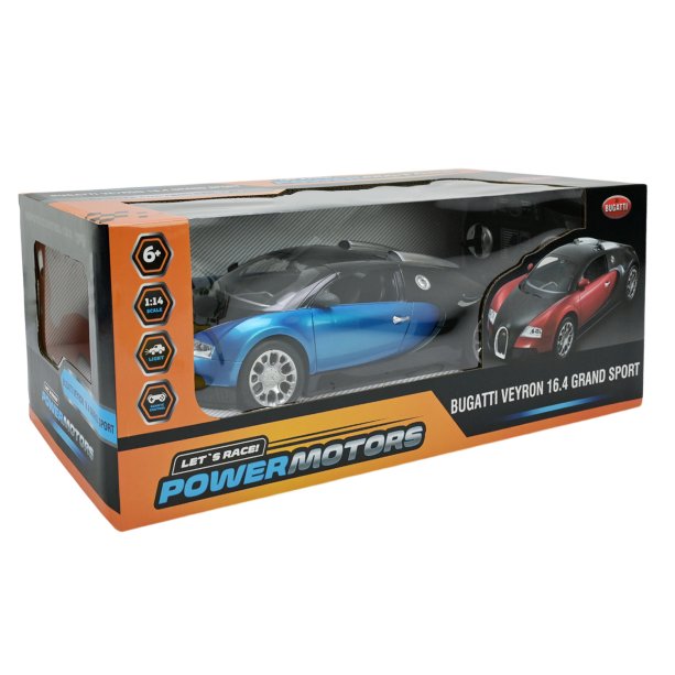 Машина на радиоуправлении, Powermotors, 1:14 Bugatti Veyron, синий цвет, аккумуляторная, на батарейках, со световыми эффектами, в коробке, 45х19х17 см