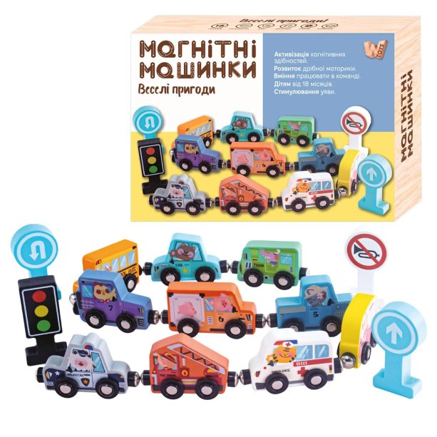 Набір дитячих машинок на магнітах WToys дерево
