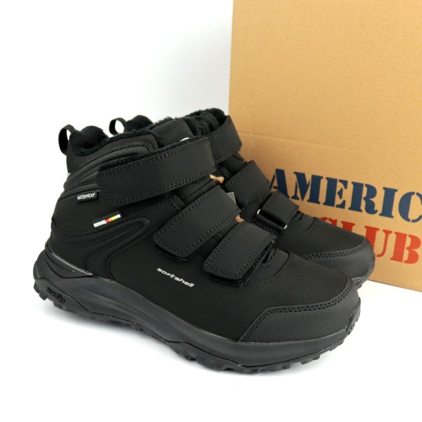 Черные подростковые термоботинки для мальчика на липучках зима Softshell American Club