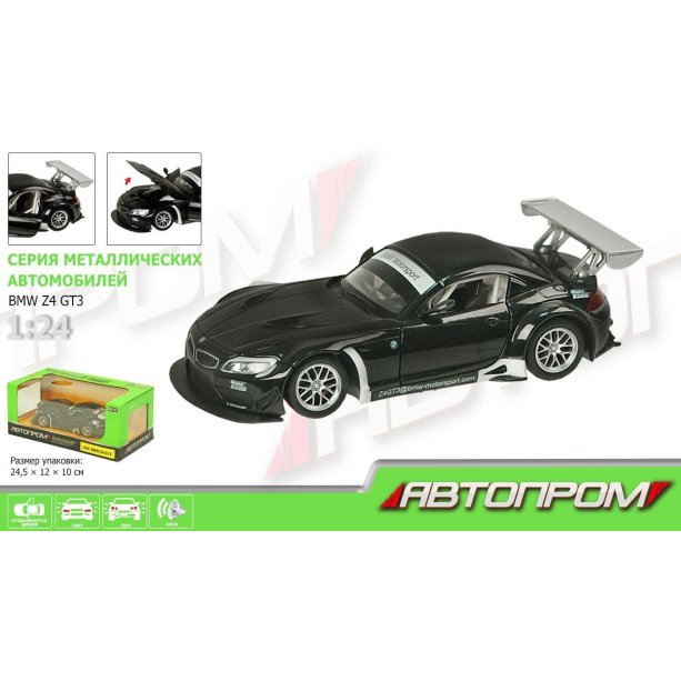 Мини-металлический спорткар BMW Z4 GT3 Автопром 1:24, батарейки, свет, звук, открываются двери и капот, коробка 24,5×12×10 см