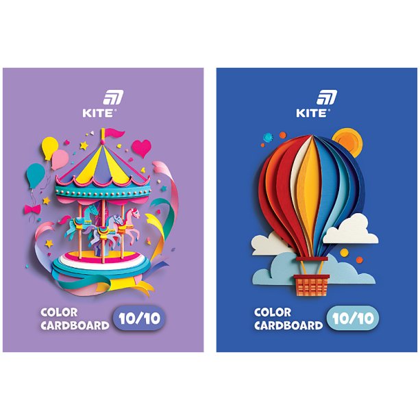Картон кольоровий односторонній Kite, формат А5, 10 аркушів, 10 кольорів, у слайдері