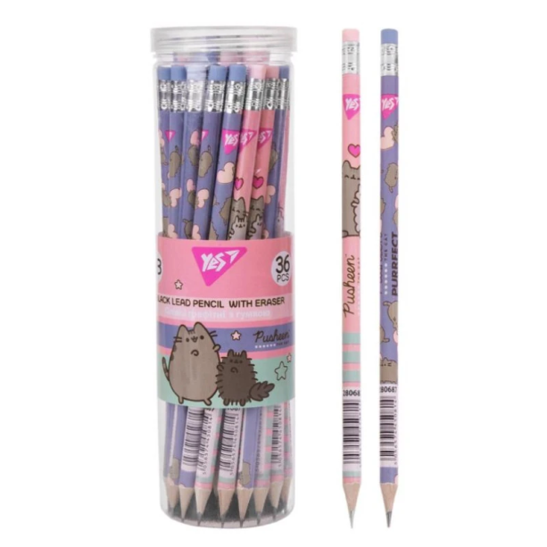 Карандаш YES графитовый Pusheen, круглый, с ластиком, набор 36 штук, 2 вида дизайна.
