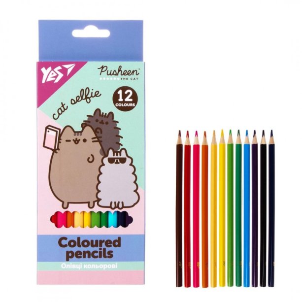 Карандаши цветные YES серия Pusheen, 12 штук, набор для рисования, качественная древесина.