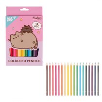Карандаши цветные YES серия Pusheen, набор 18 штук, розовый цвет корпуса, для рисования, качественная древесина.