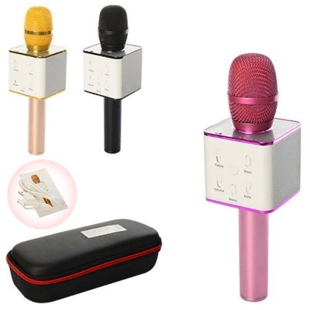 Музыкальный микрофон на аккумуляторе, Bluetooth соединение, USB порт, микс цветов, в футляре, 28-11,5-7 см