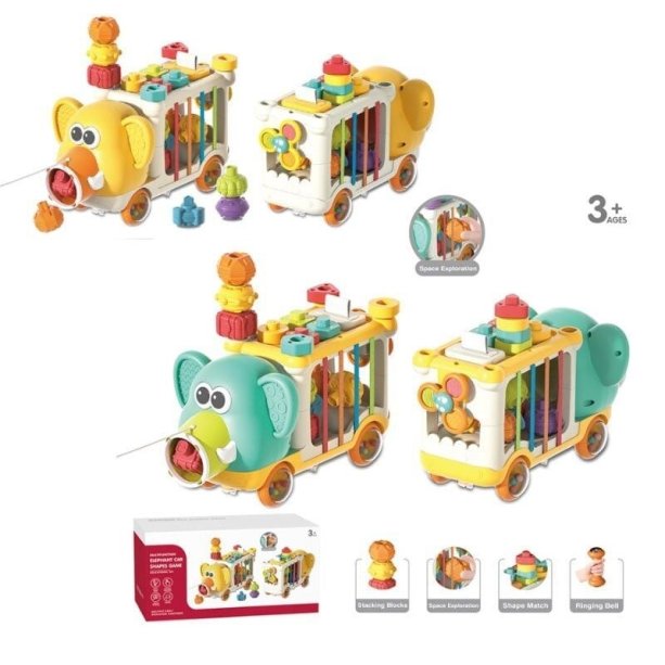 Розвиваюча каталка логічна WToys Слоник 30 см, 2 види, знімні колеса брязкальця, спінер, гумові стрічки, пронумеровані елементи, в коробці