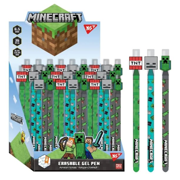 Ручка гелевая YES Пиши-стирай Minecraft, 0.5 мм, синяя, для школы