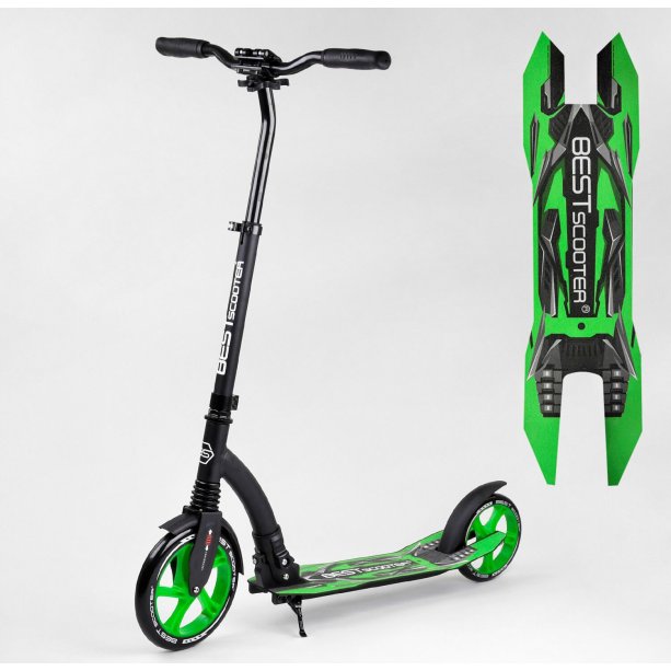 Міський двоколісний самокат Best Scooter зелений колеса PU - переднє 23 см, заднє - 20 см, 1 амортизатор, широкий кермо, затиск керма